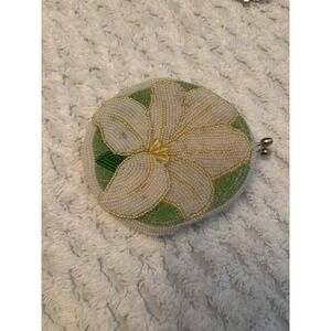 Vintage 1966 Delill Beaded Floral Coin Purse White Green Made in Japan Kiss Lock